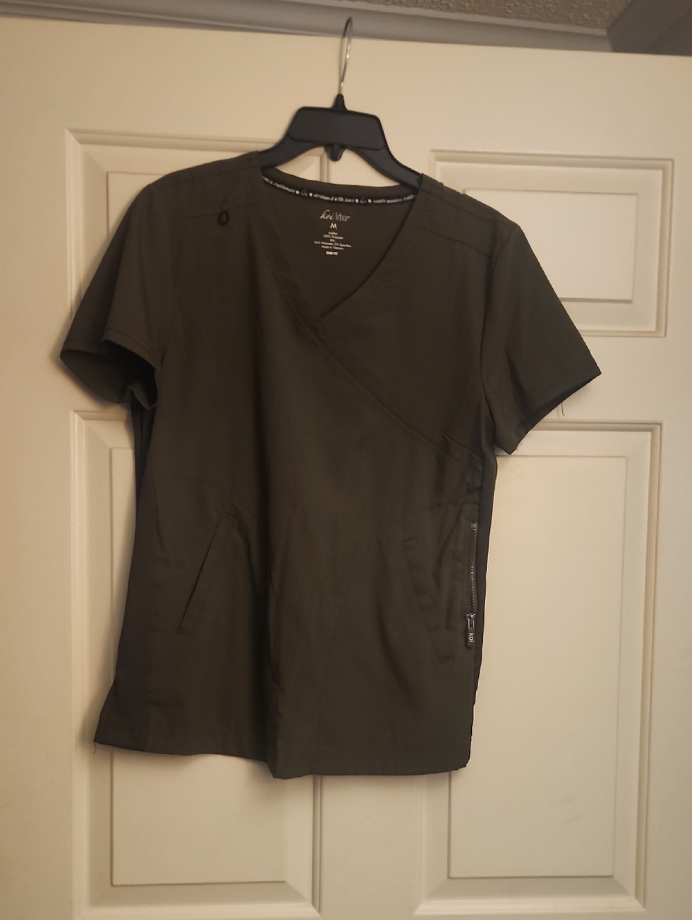 koi by koi Olive Green Short Sleeve Scrub Top with Zip Pocket
